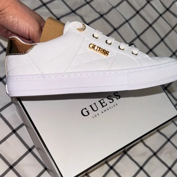 Guess Women's White and Gold Quilted Sneakers - Picture 8 of 9